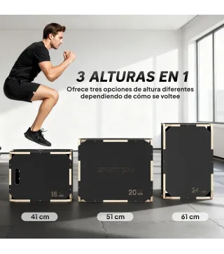 Cajón Pliométrico de Madera 3 en 1 con 3 Alturas Diferentes Asas sin Esquinas Entrenamiento de Salto 61x51x41 cm