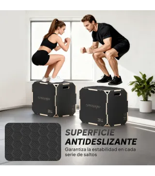 Cajón Pliométrico de Madera 3 en 1 con 3 Alturas Diferentes Asas sin Esquinas Entrenamiento de Salto 61x51x41 cm