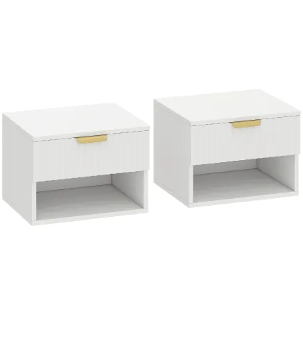 Juego de 2 Mesitas de Noche Flotantes con Cajón con Frente Acanalado y Estante Abierto 40x34x29 cm Blanco