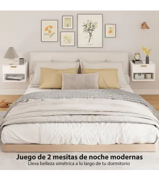 Juego de 2 Mesitas de Noche Flotantes con Cajón con Frente Acanalado y Estante Abierto 40x34x29 cm Blanco