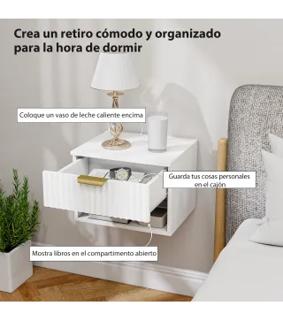 Juego de 2 Mesitas de Noche Flotantes con Cajón con Frente Acanalado y Estante Abierto 40x34x29 cm Blanco