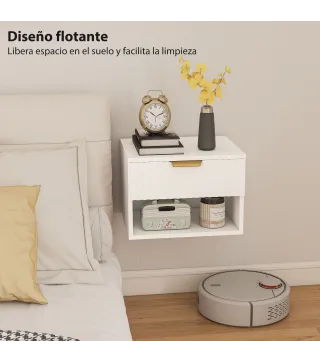 Juego de 2 Mesitas de Noche Flotantes con Cajón con Frente Acanalado y Estante Abierto 40x34x29 cm Blanco