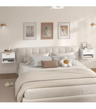 Juego de 2 Mesitas de Noche Flotantes con Cajón con Frente Acanalado y Estante Abierto 40x34x29 cm Blanco