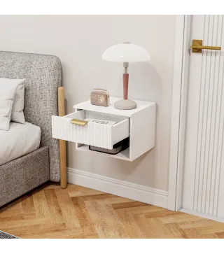Juego de 2 Mesitas de Noche Flotantes con Cajón con Frente Acanalado y Estante Abierto 40x34x29 cm Blanco