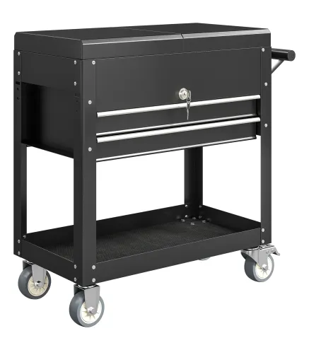 Carro de Herramientas con Ruedas Carro de Taller Móvil con Tapa Deslizante 2 Cajones con Cerradura Bandeja Negro