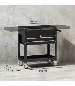 Carro de Herramientas con Ruedas Carro de Taller Móvil con Tapa Deslizante 2 Cajones con Cerradura Bandeja Negro