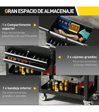 Carro de Herramientas con Ruedas Carro de Taller Móvil con Tapa Deslizante 2 Cajones con Cerradura Bandeja Negro