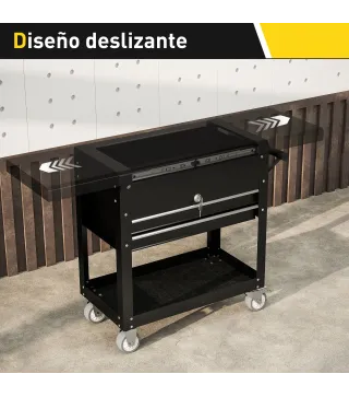 Carro de Herramientas con Ruedas Carro de Taller Móvil con Tapa Deslizante 2 Cajones con Cerradura Bandeja Negro