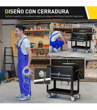 Carro de Herramientas con Ruedas Carro de Taller Móvil con Tapa Deslizante 2 Cajones con Cerradura Bandeja Negro