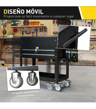 Carro de Herramientas con Ruedas Carro de Taller Móvil con Tapa Deslizante 2 Cajones con Cerradura Bandeja Negro