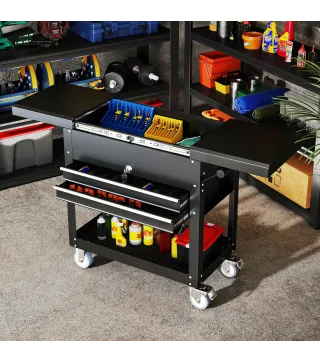 Carro de Herramientas con Ruedas Carro de Taller Móvil con Tapa Deslizante 2 Cajones con Cerradura Bandeja Negro