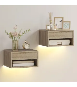 Juego de 2 Mesitas de Noche Flotantes con Luces LED RGB Control de APP Cajón Estante Abierto Natural