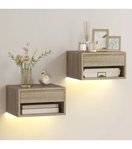 Juego de 2 Mesitas de Noche Flotantes con Luces LED RGB Control de APP Cajón Estante Abierto Natural