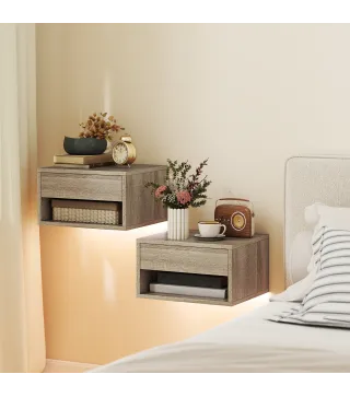 Juego de 2 Mesitas de Noche Flotantes con Luces LED RGB Control de APP Cajón Estante Abierto Natural