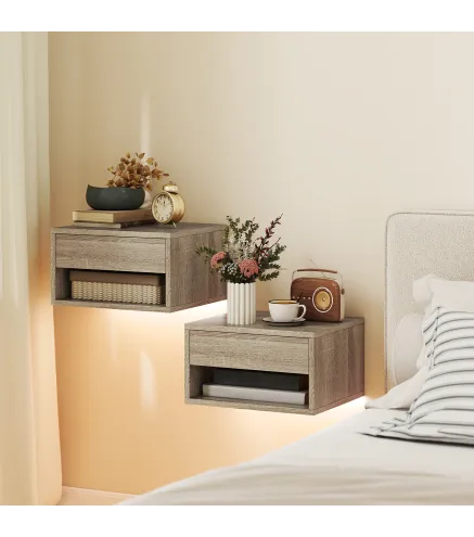 Juego de 2 Mesitas de Noche Flotantes con Luces LED RGB Control de APP Cajón Estante Abierto Natural