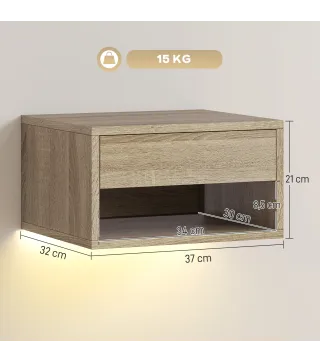 Juego de 2 Mesitas de Noche Flotantes con Luces LED RGB Control de APP Cajón Estante Abierto Natural