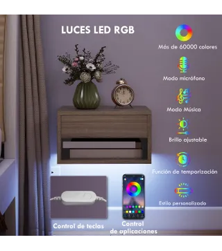 Juego de 2 Mesitas de Noche Flotantes con Luces LED RGB Control de APP Cajón Estante Abierto Natural