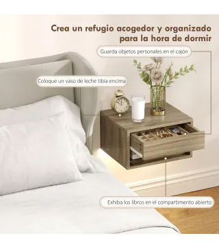 Juego de 2 Mesitas de Noche Flotantes con Luces LED RGB Control de APP Cajón Estante Abierto Natural