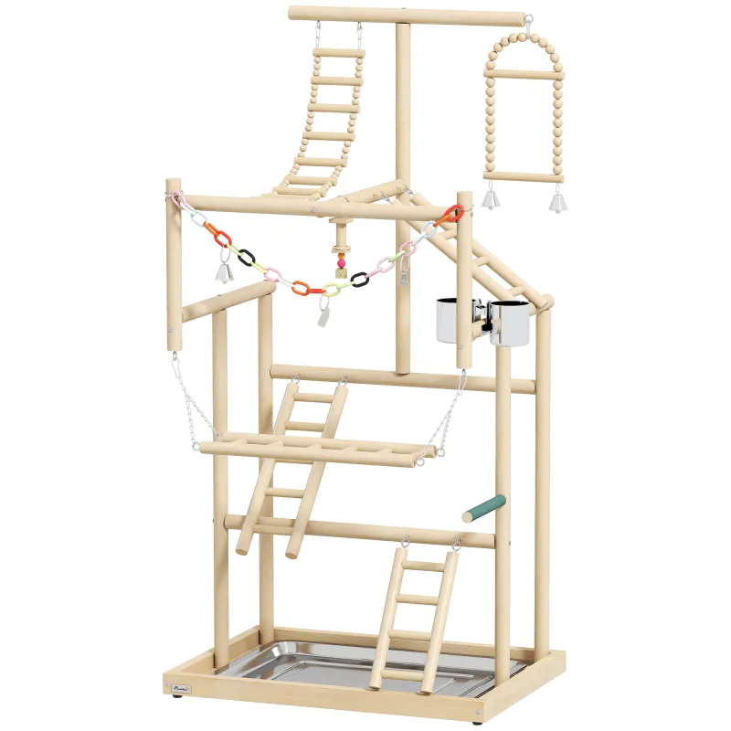 Parque de Juegos para Pájaros Soporte de Madera para Pájaros con Escaleras Columpio Cadena Bandeja Comederos