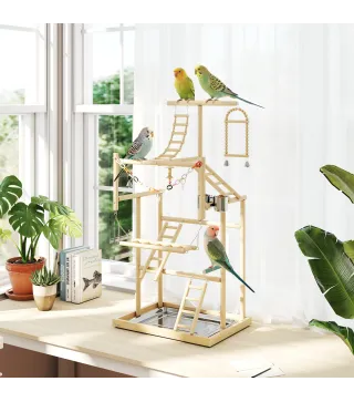 Parque de Juegos para Pájaros Soporte de Madera para Pájaros con Escaleras Columpio Cadena Bandeja Comederos