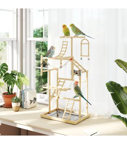 Parque de Juegos para Pájaros Soporte de Madera para Pájaros con Escaleras Columpio Cadena Bandeja Comederos