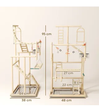 Parque de Juegos para Pájaros Soporte de Madera para Pájaros con Escaleras Columpio Cadena Bandeja Comederos