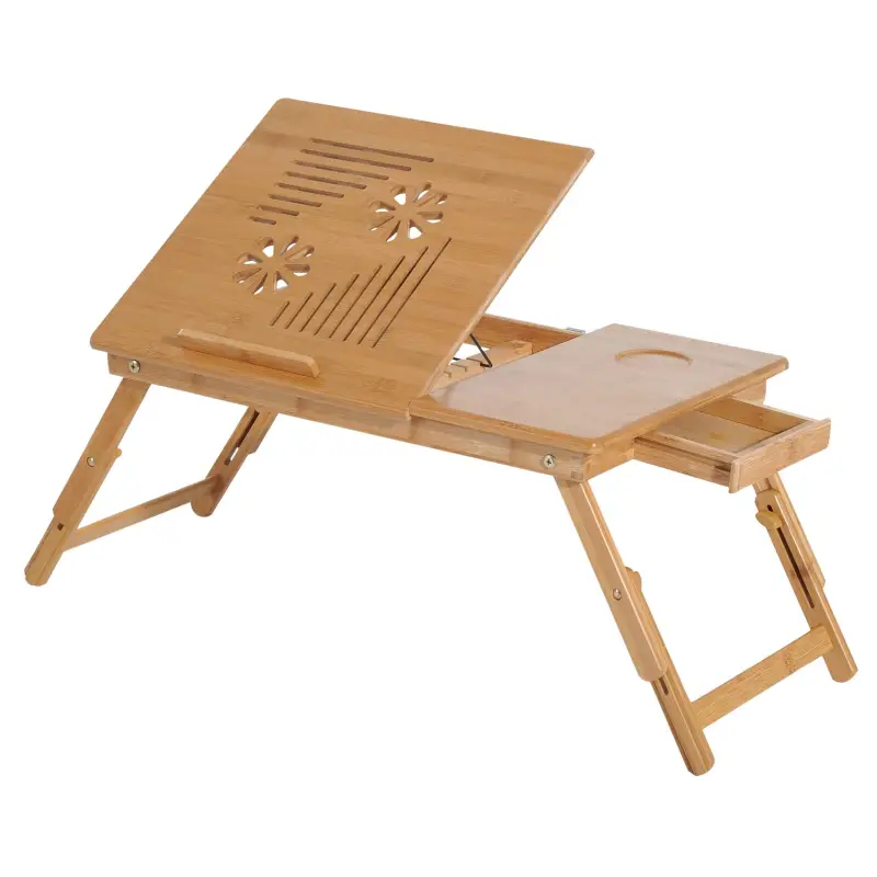 Mesa Plegable de Bambú, Mesa de Ordenador Portátil, para Cama y Sofá, Altura Ajustable, Cajón, Patas Plegables, para Leer, Escri