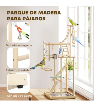 Parque de Juegos para Pájaros Soporte de Madera para Pájaros con Escaleras Columpio Cadena Bandeja Comederos