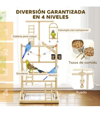 Parque de Juegos para Pájaros Soporte de Madera para Pájaros con Escaleras Columpio Cadena Bandeja Comederos