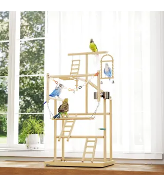 Parque de Juegos para Pájaros Soporte de Madera para Pájaros con Escaleras Columpio Cadena Bandeja Comederos