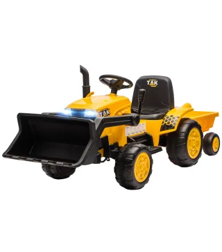 Tractor Eléctrico para Niños con Remolque Desmontable y Pala Batería 12V Motor Doble Control Remoto 2,4G Luces Música