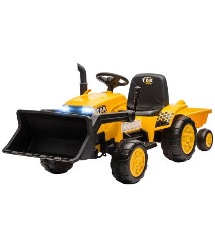 Tractor Eléctrico para Niños con Remolque Desmontable y Pala Batería 12V Motor Doble Control Remoto 2,4G Luces Música