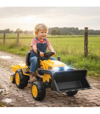 Tractor Eléctrico para Niños con Remolque Desmontable y Pala Batería 12V Motor Doble Control Remoto 2,4G Luces Música