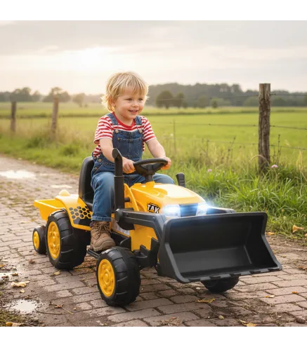 Tractor Eléctrico para Niños con Remolque Desmontable y Pala Batería 12V Motor Doble Control Remoto 2,4G Luces Música