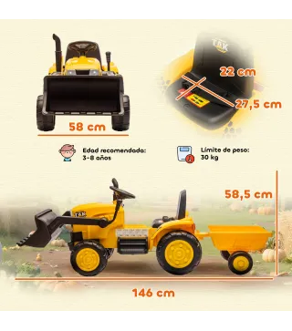 Tractor Eléctrico para Niños con Remolque Desmontable y Pala Batería 12V Motor Doble Control Remoto 2,4G Luces Música