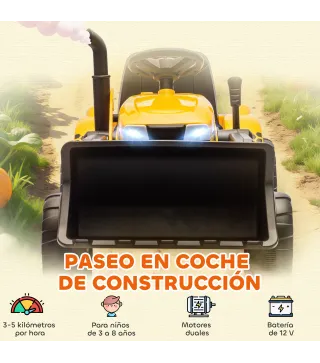 Tractor Eléctrico para Niños con Remolque Desmontable y Pala Batería 12V Motor Doble Control Remoto 2,4G Luces Música