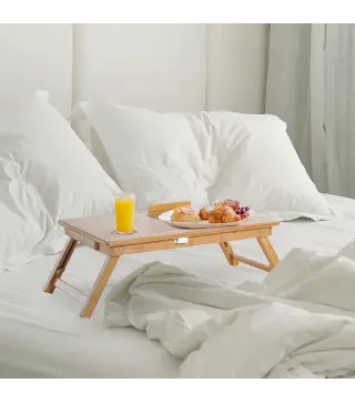 Mesa Plegable de Bambú, Mesa de Ordenador Portátil, para Cama y Sofá, Altura Ajustable, Cajón, Patas Plegables, para Leer, Escri