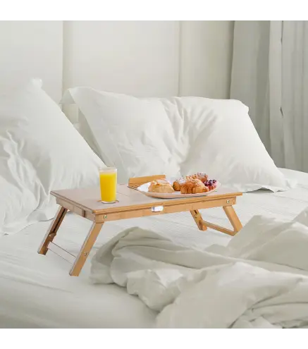 Mesa Plegable de Bambú, Mesa de Ordenador Portátil, para Cama y Sofá, Altura Ajustable, Cajón, Patas Plegables, para Leer, Escri