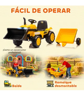 Tractor Eléctrico para Niños con Remolque Desmontable y Pala Batería 12V Motor Doble Control Remoto 2,4G Luces Música