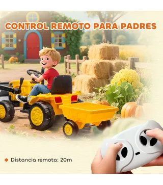 Tractor Eléctrico para Niños con Remolque Desmontable y Pala Batería 12V Motor Doble Control Remoto 2,4G Luces Música