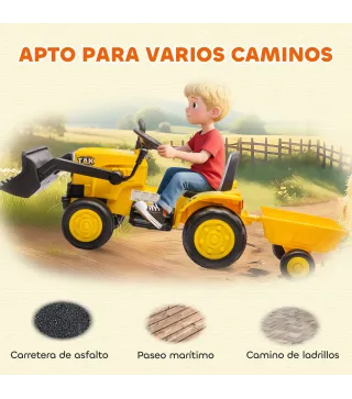 Tractor Eléctrico para Niños con Remolque Desmontable y Pala Batería 12V Motor Doble Control Remoto 2,4G Luces Música