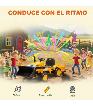 Tractor Eléctrico para Niños con Remolque Desmontable y Pala Batería 12V Motor Doble Control Remoto 2,4G Luces Música