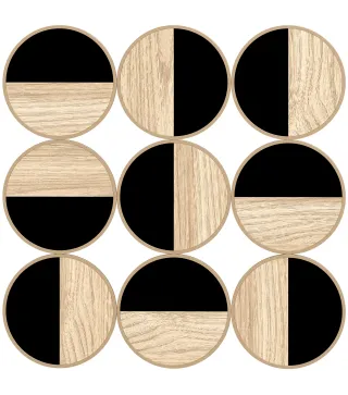 Cuadro Decorativo de Pared Geométrico Adorno Moderno 3D de 60x60 cm con Espejo de Plástico Negro y Madera Natural