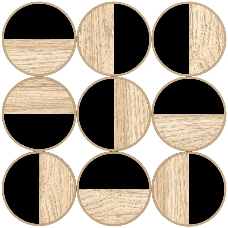 Cuadro Decorativo de Pared Geométrico Adorno Moderno 3D de 60x60 cm con Espejo de Plástico Negro y Madera Natural