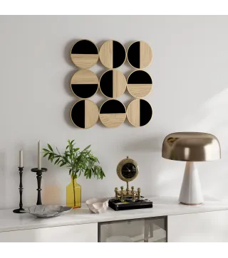 Cuadro Decorativo de Pared Geométrico Adorno Moderno 3D de 60x60 cm con Espejo de Plástico Negro y Madera Natural
