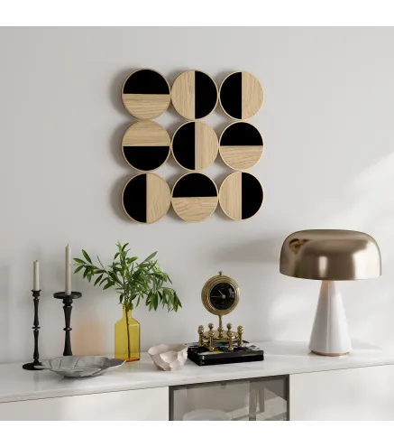 Cuadro Decorativo de Pared Geométrico Adorno Moderno 3D de 60x60 cm con Espejo de Plástico Negro y Madera Natural