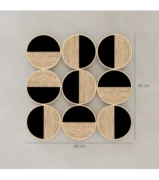Cuadro Decorativo de Pared Geométrico Adorno Moderno 3D de 60x60 cm con Espejo de Plástico Negro y Madera Natural