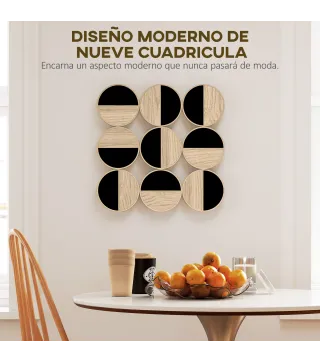 Cuadro Decorativo de Pared Geométrico Adorno Moderno 3D de 60x60 cm con Espejo de Plástico Negro y Madera Natural