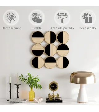 Cuadro Decorativo de Pared Geométrico Adorno Moderno 3D de 60x60 cm con Espejo de Plástico Negro y Madera Natural