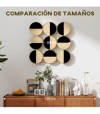 Cuadro Decorativo de Pared Geométrico Adorno Moderno 3D de 60x60 cm con Espejo de Plástico Negro y Madera Natural